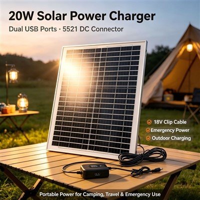 Caricabatterie a energia solare da 20 W con doppia porta USB 5521 connettore CC e cavo con clip da 18 V per alimentazione di emergenza